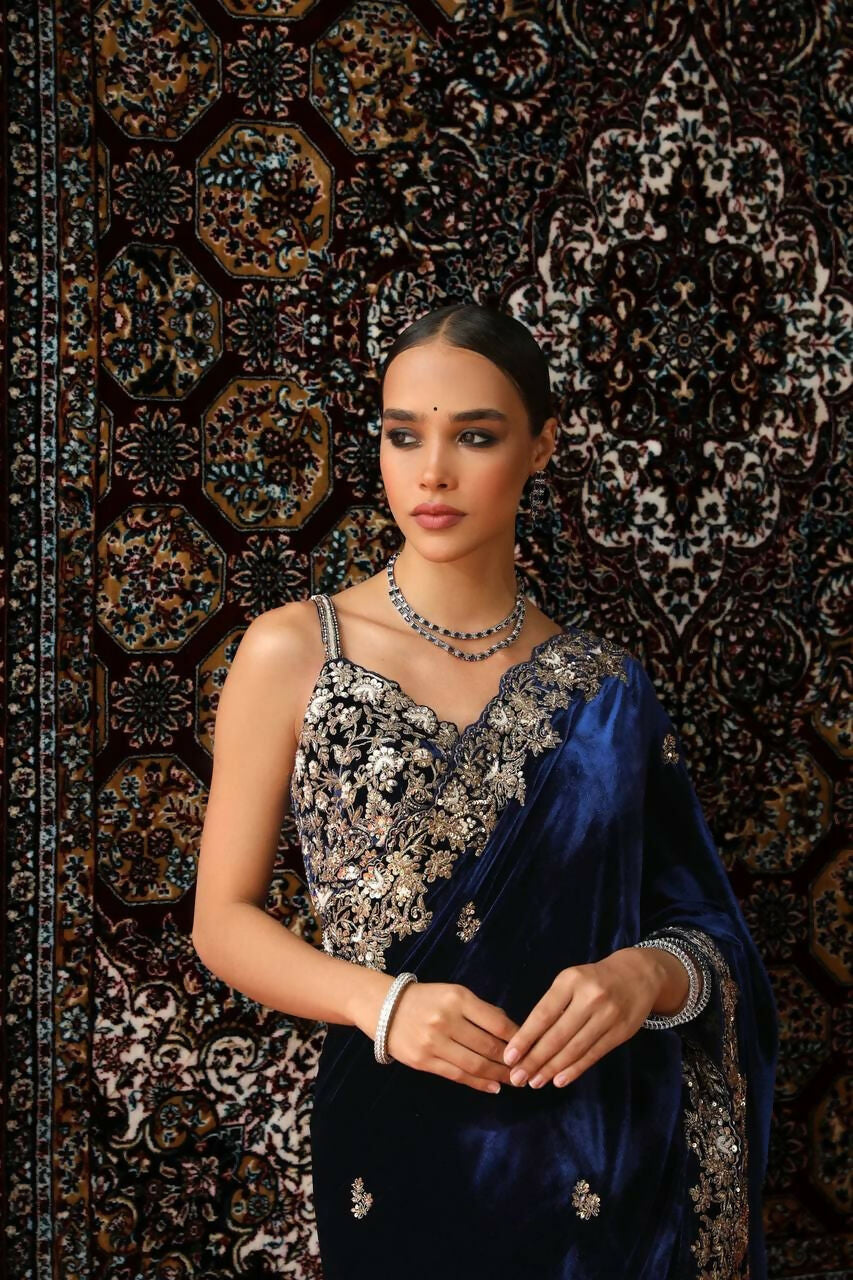 Vastranavya Designer Velvet Sequence & Zari Thread Embroidery work with border and Cutwork Saree - Navy Blue | Grocsy