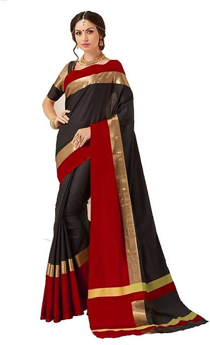 Vamika Black Cotton Silk Weaving Saree (Shreeji Black Red) | Grocsy