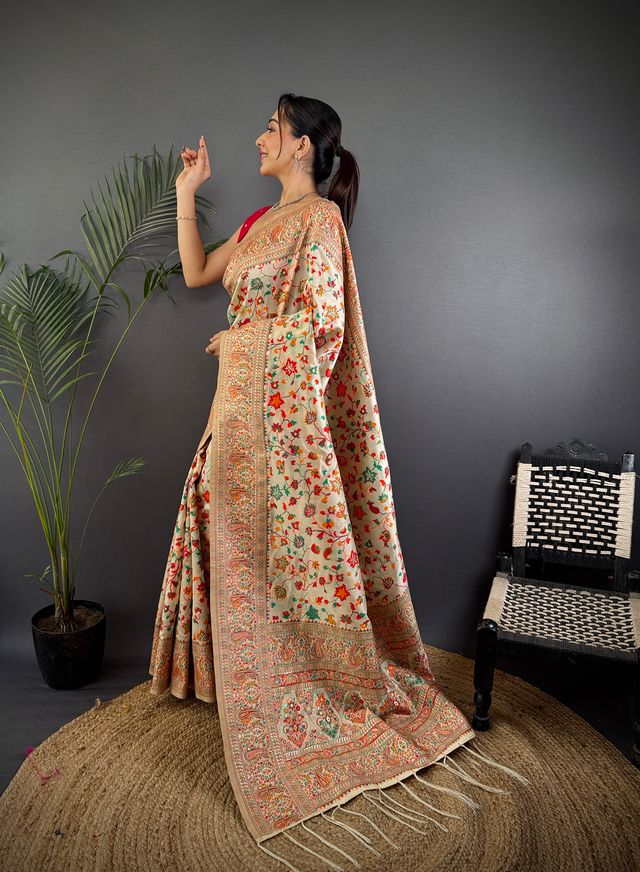 Elora Cream Pashmina Silk Meenakari Weaving Madhubani Design Kashmiri Saree | Grocsy
