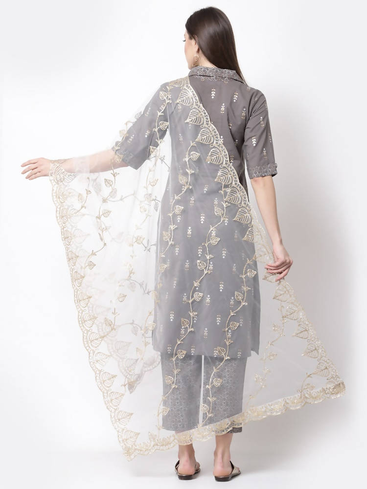 Myshka Grey Color cotton Printed Kurta With Palazzo Dupatta Set | Grocsy