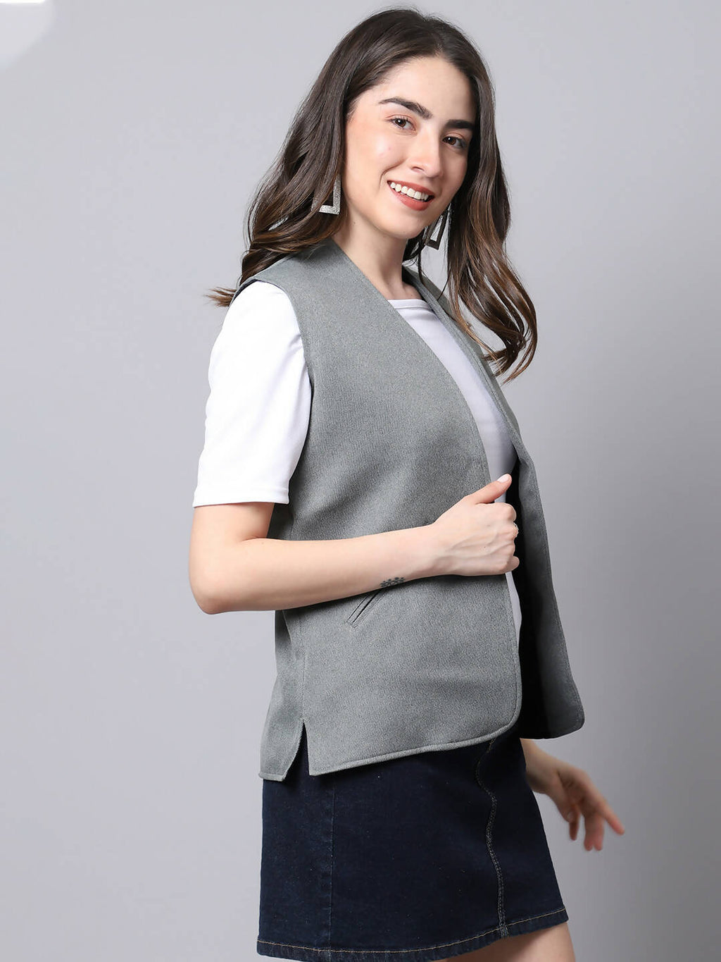 Even Apparels Grey Polyblend Open Front Women's Waistcoat | Grocsy