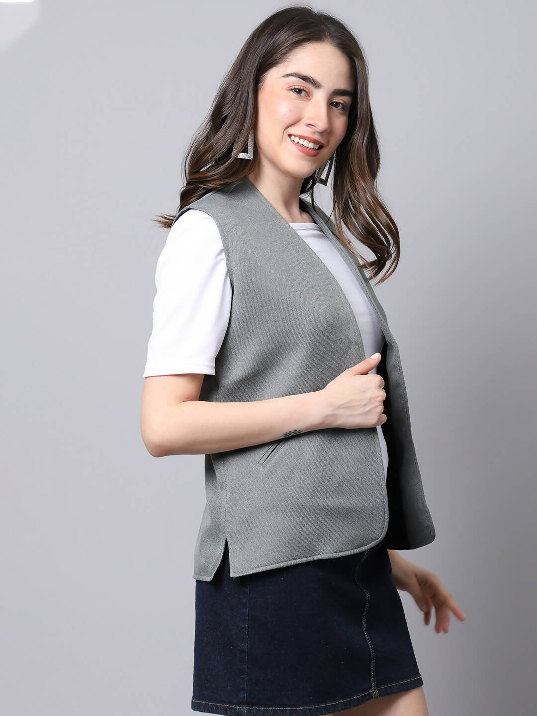 Even Apparels Grey Polyblend Open Front Women's Waistcoat | Grocsy