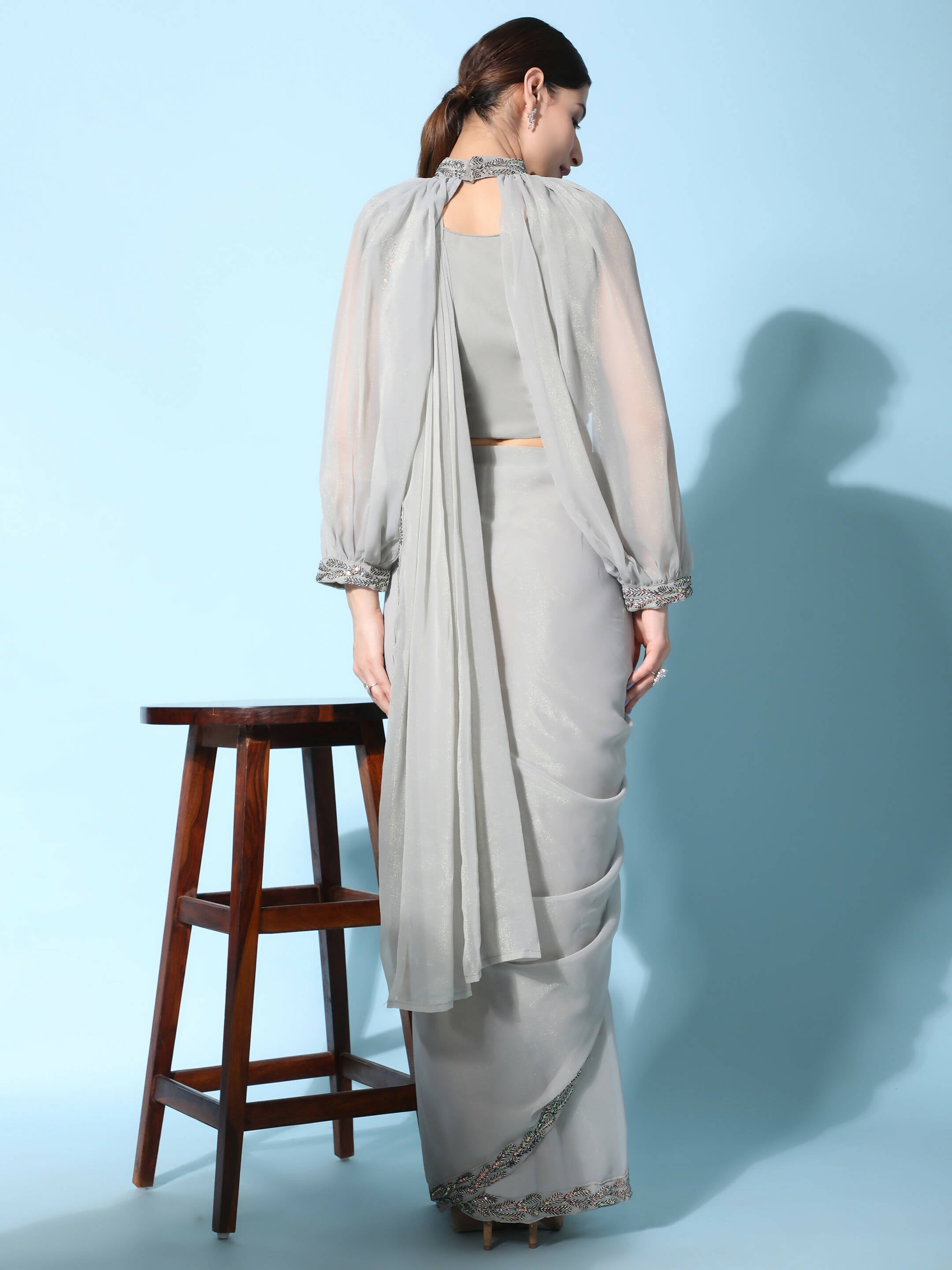 Grey Fancy Pure Fabric Plain Ready to wear Saree with stitched Blouse - Vrinda | Grocsy