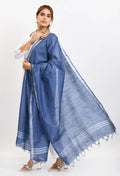 Mominos Fashion Moeza Women's Linen Cotton Silver Border Blue Dupatta | Grocsy