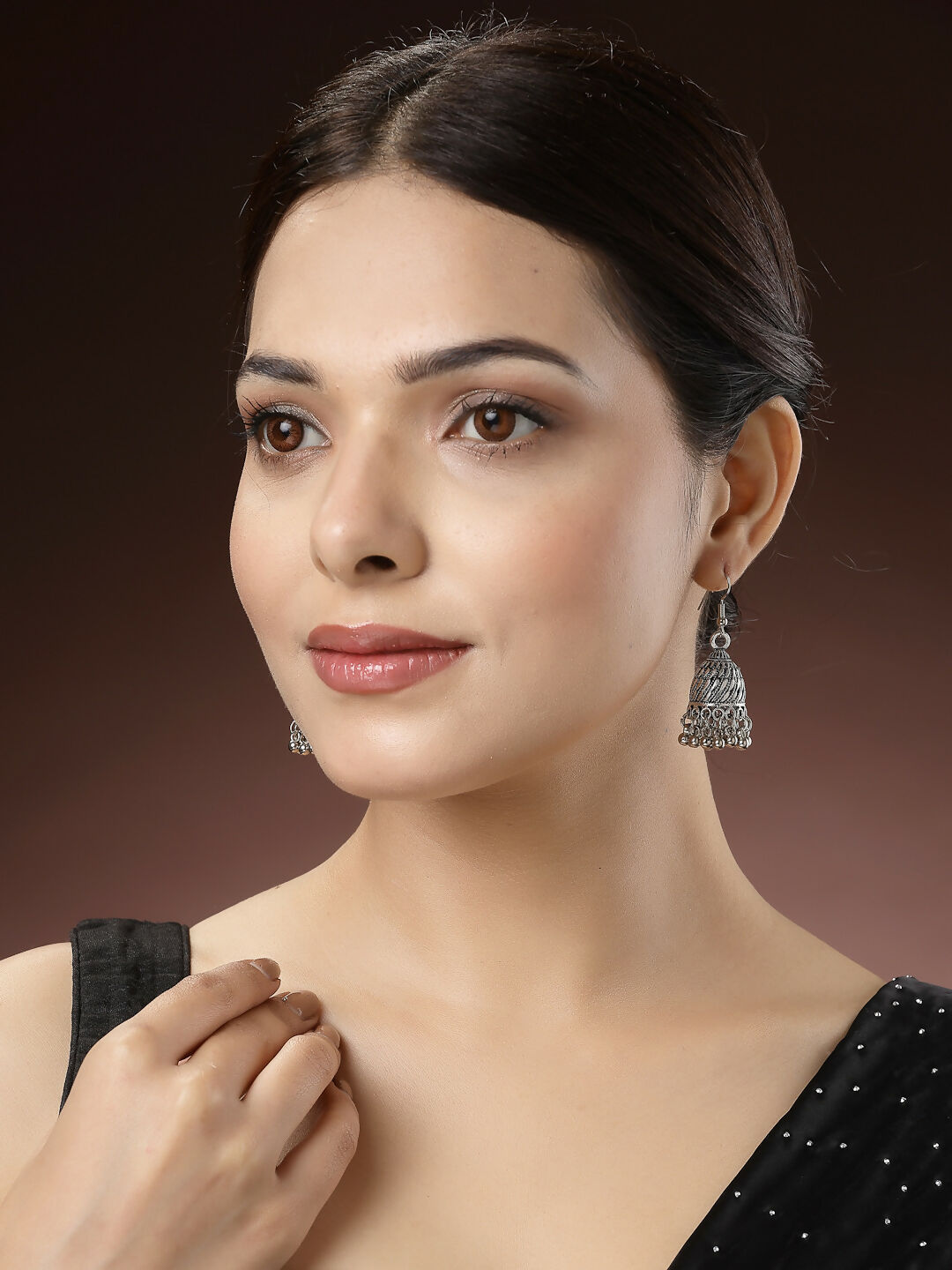 NVR Women's Silver-Toned German Silver Oxidised Dome Shaped Jhumka Earrings | Grocsy