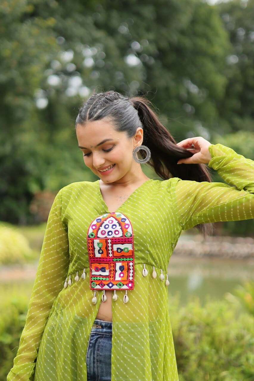Vastranavya Parrot Green Navratri Special Kutchi Patch Work with Leheriya Printed Kurti | Grocsy