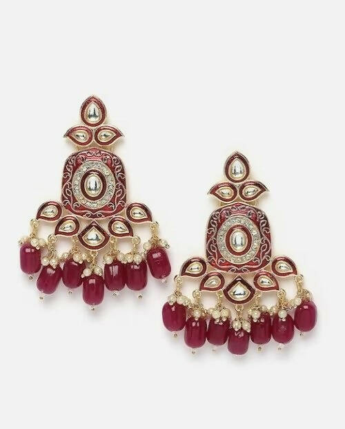Gold-Toned Maroon Kundan Contemporary Drop Earrings for Women & Girls By House of Ree - House of Ree