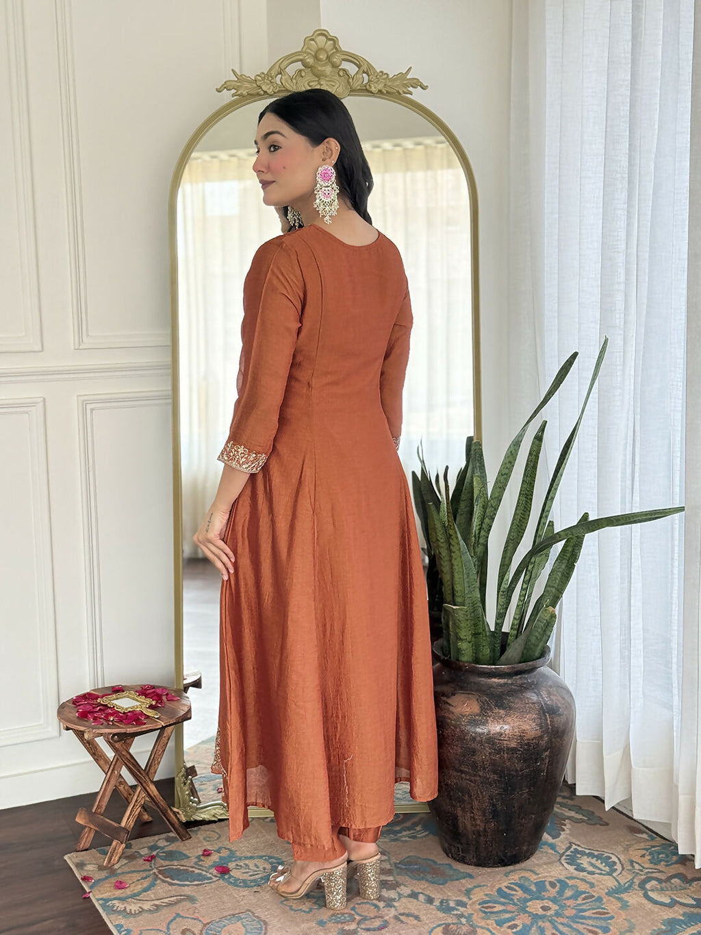 The52 Rust Women's Gorgeous Embroidered Vichitra Silk Fabric Flared Kurta, Pant and Dupatta Set | Grocsy