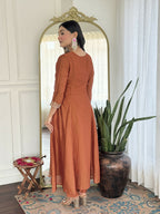 The52 Rust Women's Gorgeous Embroidered Vichitra Silk Fabric Flared Kurta, Pant and Dupatta Set | Grocsy