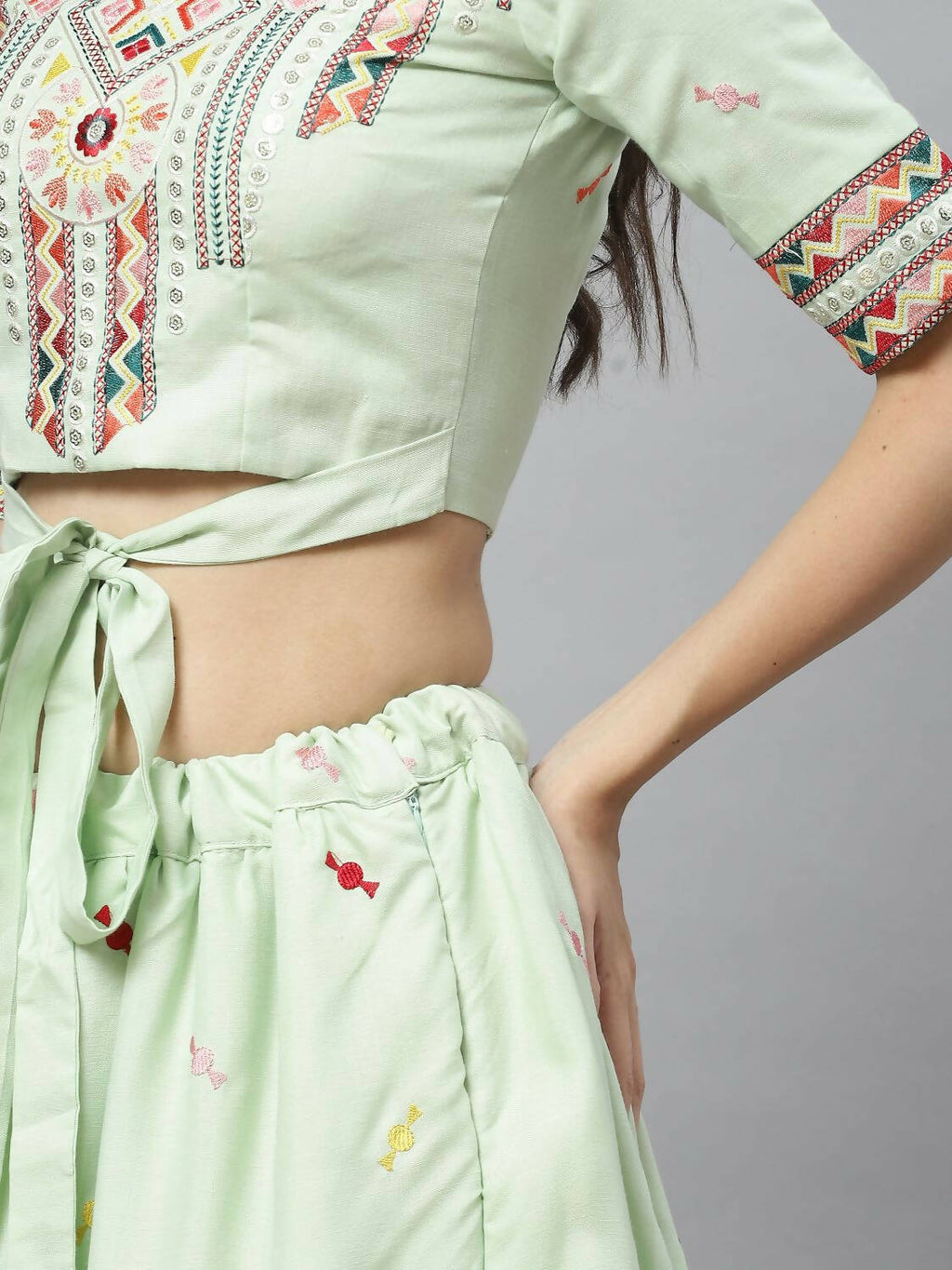 Pista Cotton Embroidered Work Lehenga Choli with Dupatta - Jivika | Grocsy
