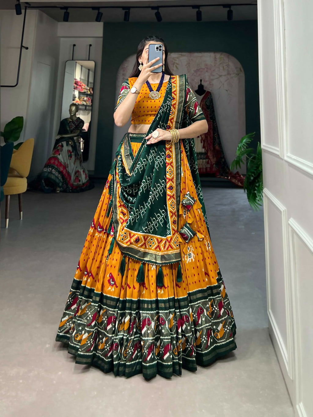 Vastranavya Traditional Ikkat Patola Print Tussar Silk Lehenga Choli - Mustard | Grocsy