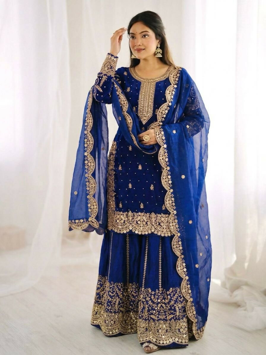 Teeya Creation Womens New Trendy Embroidery Coding And Sequence Work Royal Blue Kurta Set | Grocsy
