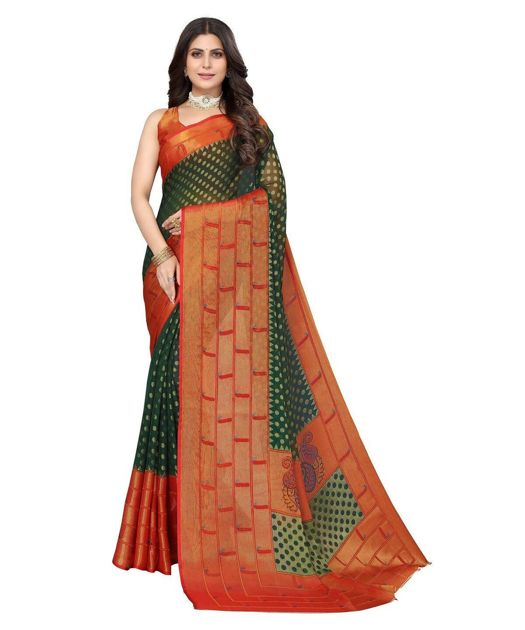 Vamika Green Chiffon Brasso Bollywood Style Woven Saree (DIMPLE GREEN) | Grocsy