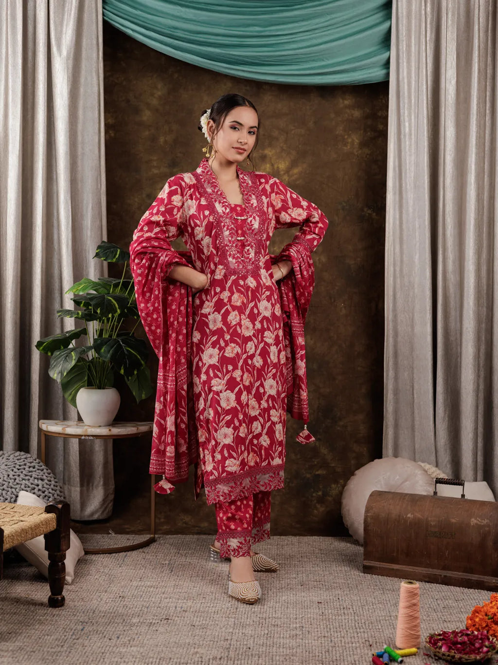 Yufta Hot Pink Floral Print Pure Cotton Beads Straight Kurta Dupatta Set With Lace Detailing | Grocsy