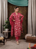 Yufta Hot Pink Floral Print Pure Cotton Beads Straight Kurta Dupatta Set With Lace Detailing | Grocsy