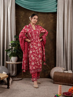 Yufta Hot Pink Floral Print Pure Cotton Beads Straight Kurta Dupatta Set With Lace Detailing | Grocsy