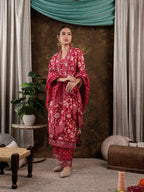 Yufta Hot Pink Floral Print Pure Cotton Beads Straight Kurta Dupatta Set With Lace Detailing | Grocsy