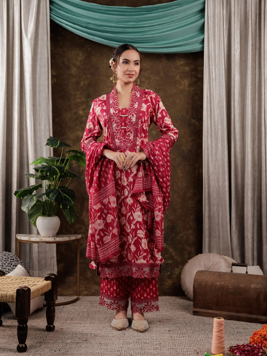 Yufta Hot Pink Floral Print Pure Cotton Beads Straight Kurta Dupatta Set With Lace Detailing | Grocsy