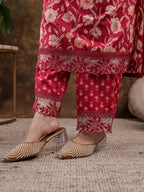 Yufta Hot Pink Floral Print Pure Cotton Beads Straight Kurta Dupatta Set With Lace Detailing | Grocsy
