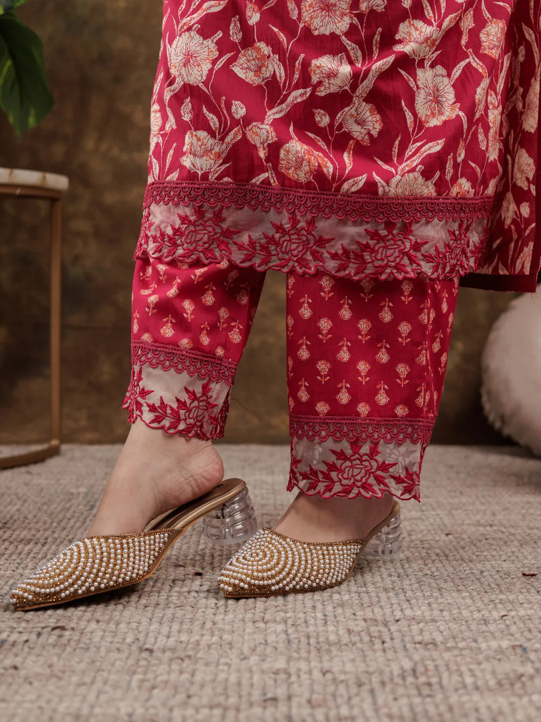 Yufta Hot Pink Floral Print Pure Cotton Beads Straight Kurta Dupatta Set With Lace Detailing | Grocsy