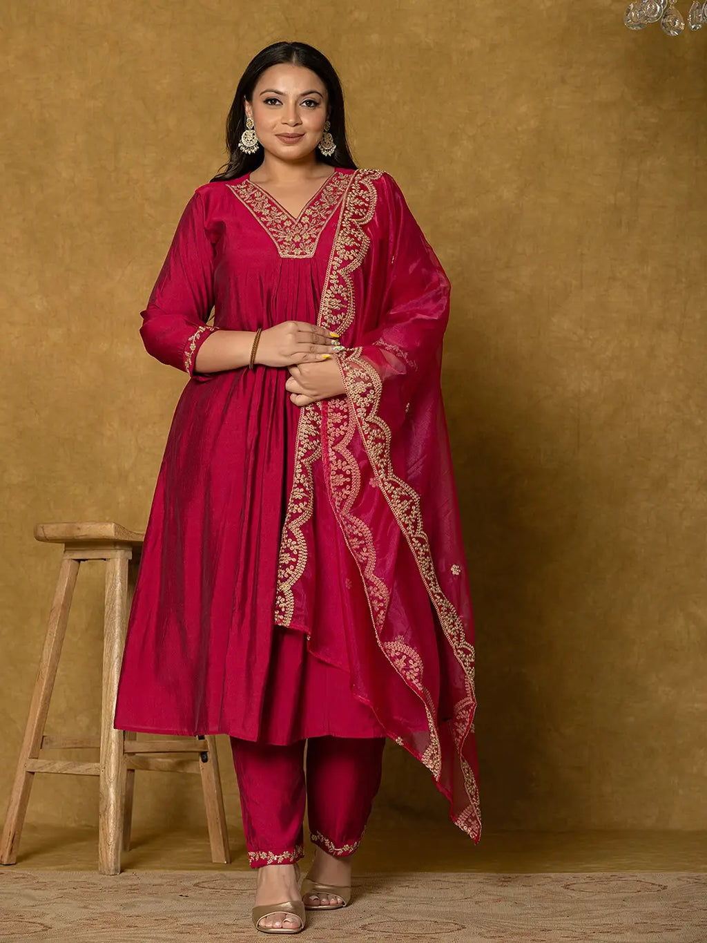 Yufta Hot Pink Silk Embroidered Plus Size Kurta Dupatta Set | Grocsy
