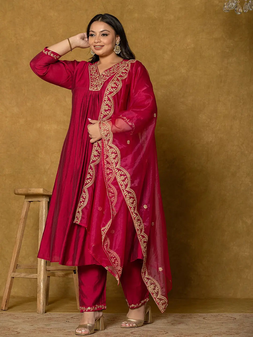 Yufta Hot Pink Silk Embroidered Plus Size Kurta Dupatta Set | Grocsy