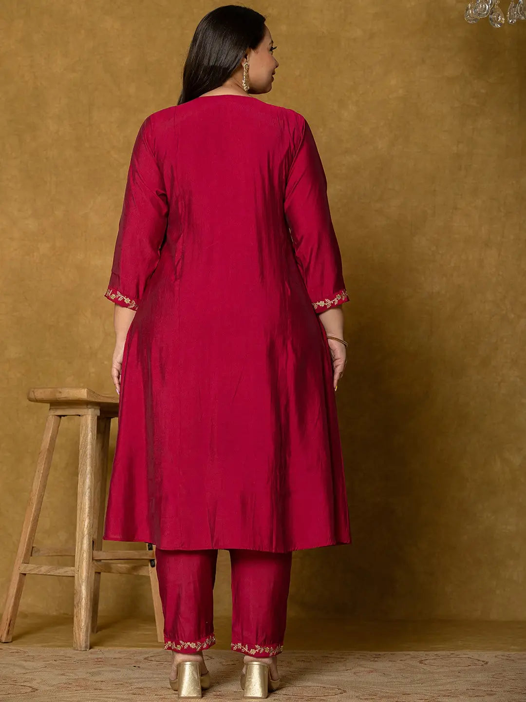 Yufta Hot Pink Silk Embroidered Plus Size Kurta Dupatta Set | Grocsy