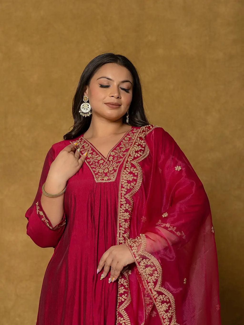 Yufta Hot Pink Silk Embroidered Plus Size Kurta Dupatta Set | Grocsy
