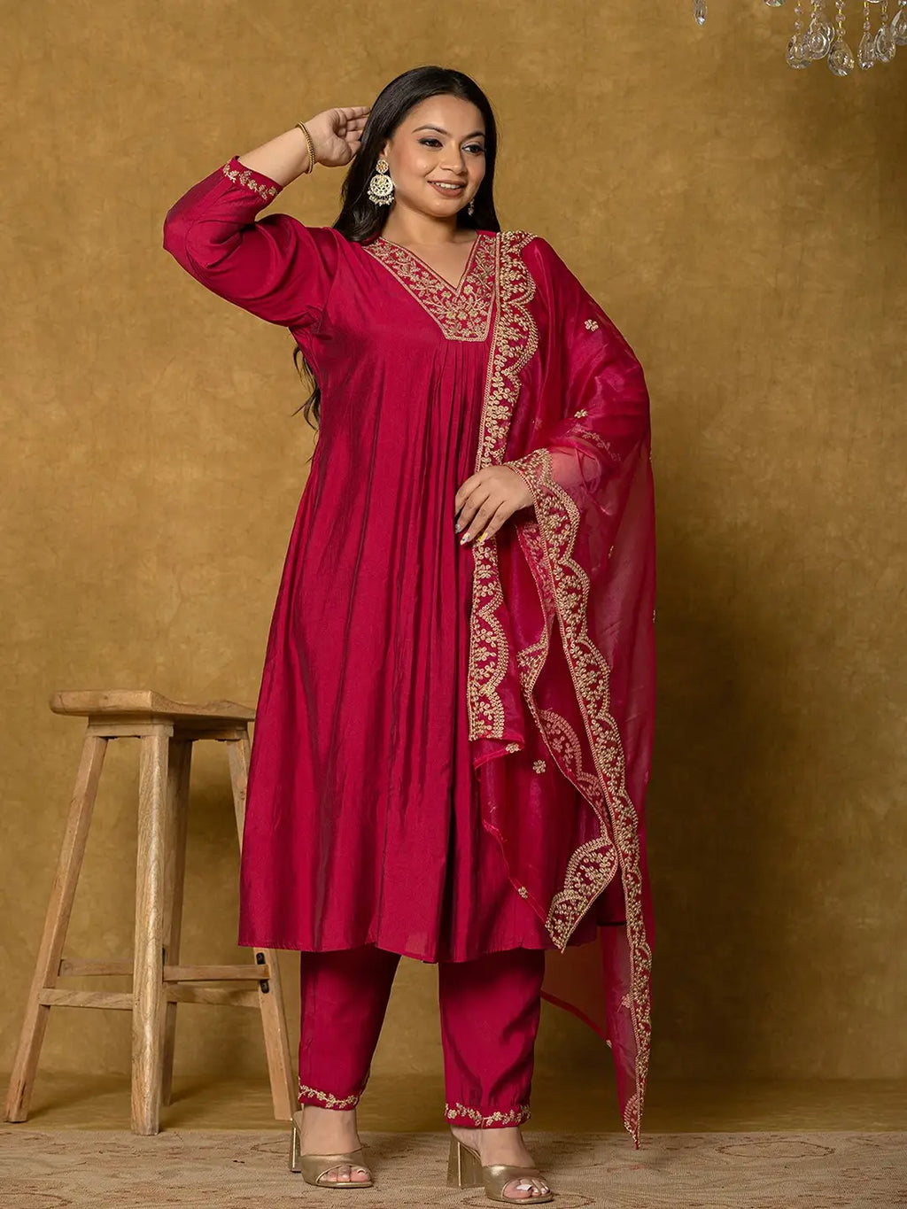 Yufta Hot Pink Silk Embroidered Plus Size Kurta Dupatta Set | Grocsy