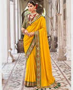 Mustard Vichitra Solid Saree With Unstitched Blouse Piece - Juhi | Grocsy