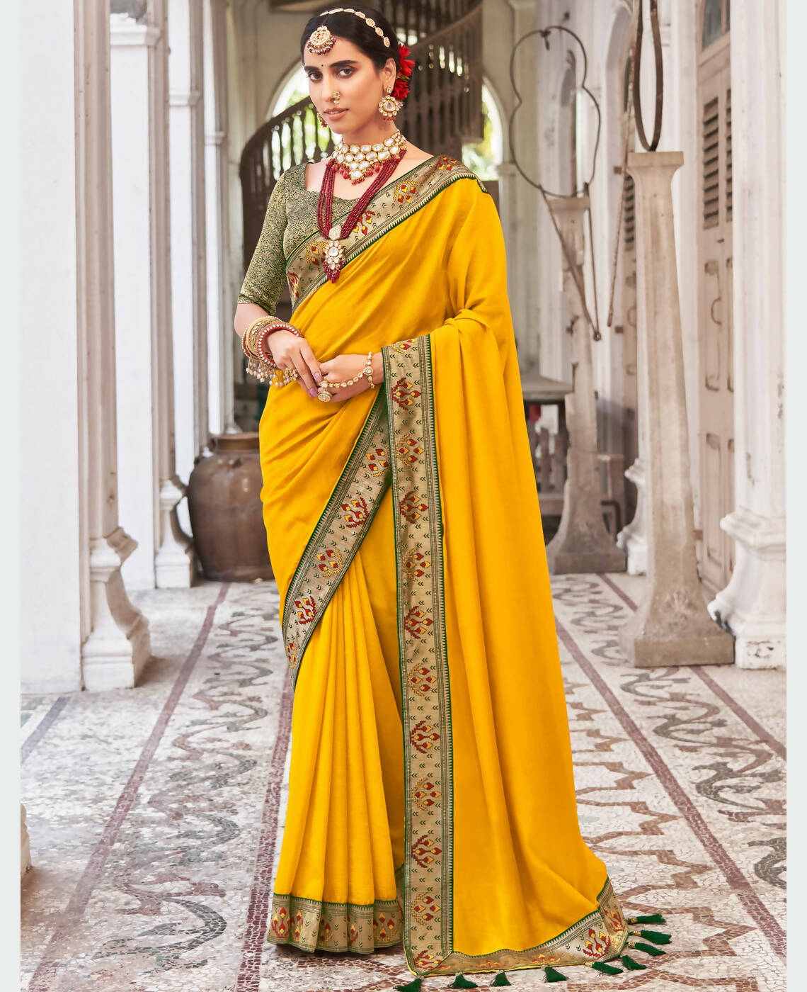 Mustard Vichitra Solid Saree With Unstitched Blouse Piece - Juhi | Grocsy