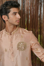 Dusky Pink Kanjivaram Machien Embroidered Pattu Set by Hilo Design | Grocsy
