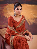 Vastranavya Orange Crepe Printed Saree with Unstitched Blouse | Grocsy