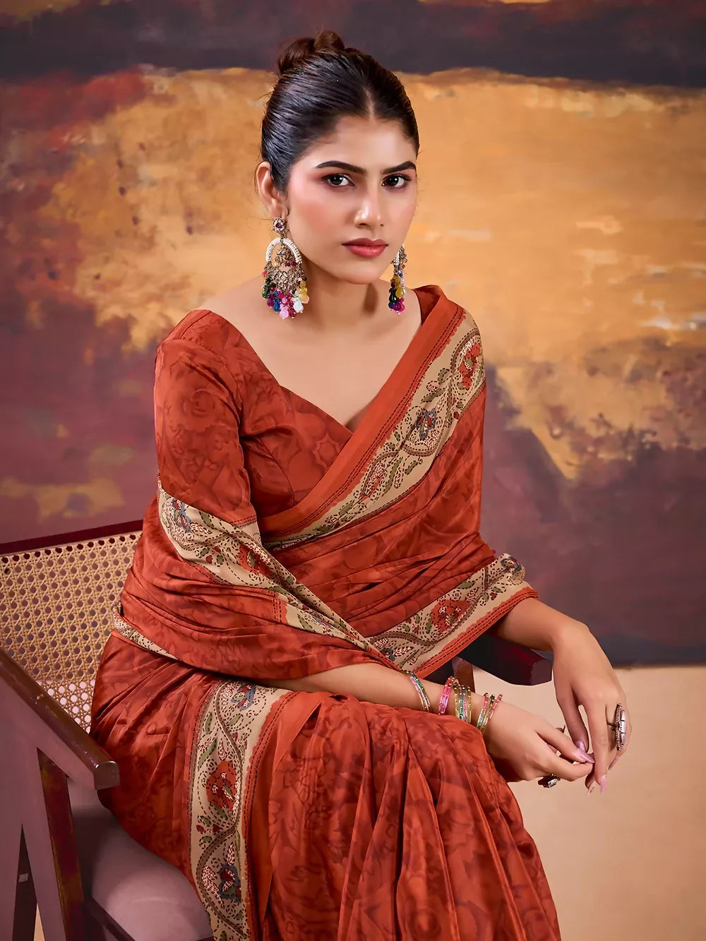 Vastranavya Orange Crepe Printed Saree with Unstitched Blouse | Grocsy