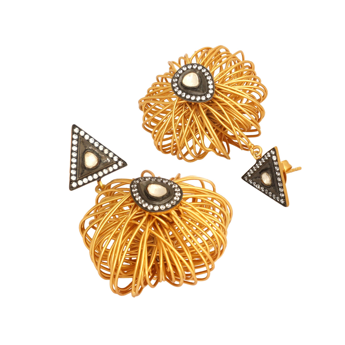 Nuyug 18K Gold-Plated Stones & American Diamond Studded Contemporary Wire Drop Earrings | Grocsy