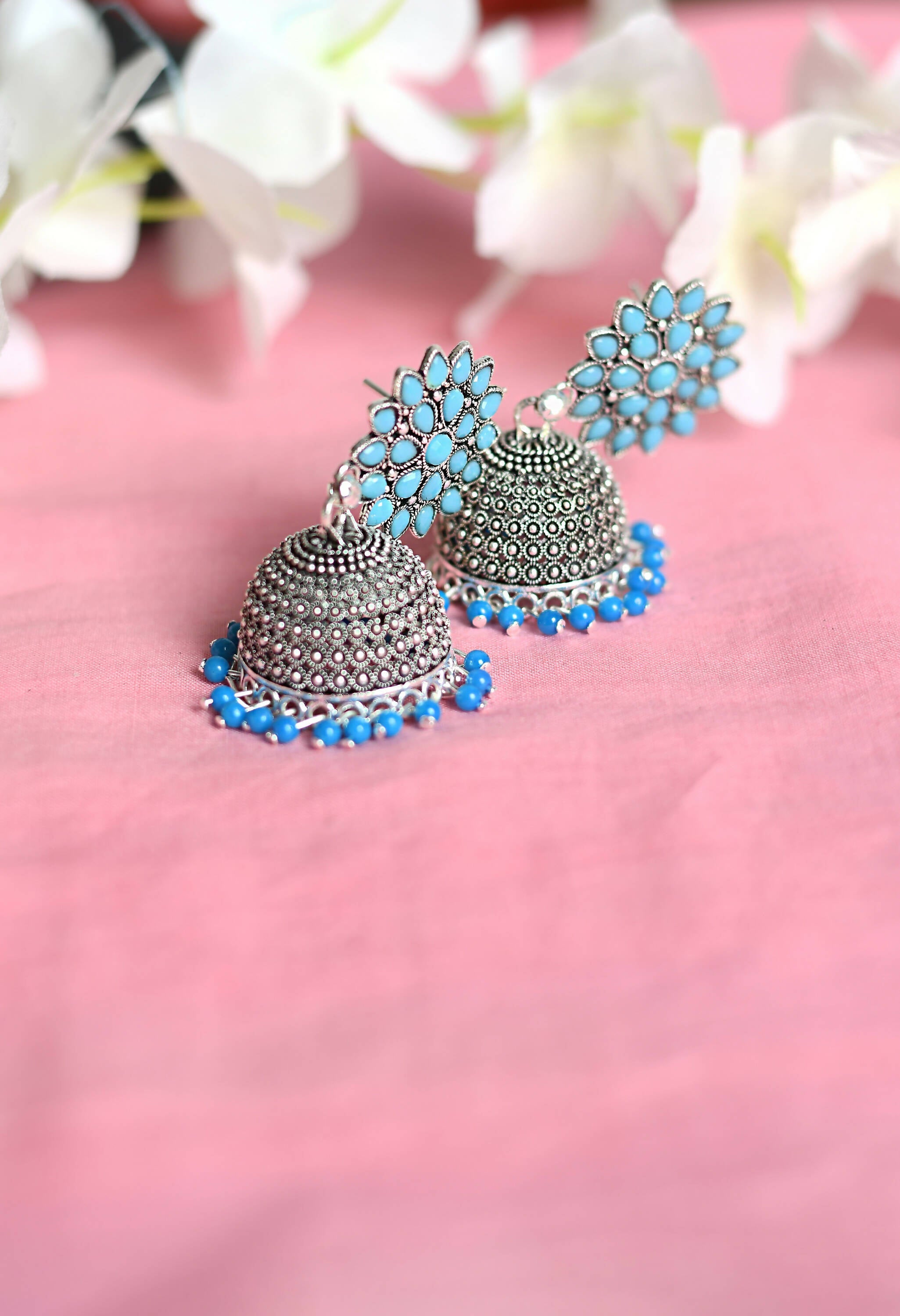 Mominos Fashion Joharkamal Kundan work Jhumka with Sky Blue Beads