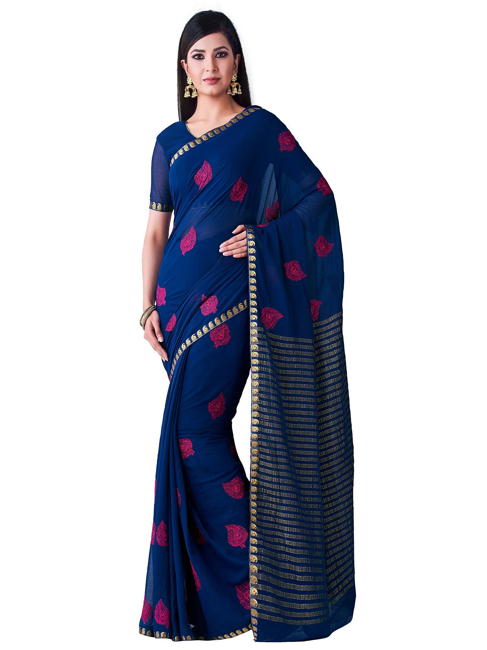 Mimosa Women's Navy Blue Banarasi Chiffon Saree | Grocsy