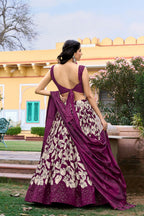 Vastranavya Ethnic Look Tussar Silk Floral Printed With Foil Work Indian Lehenga Choli - Wine | Grocsy