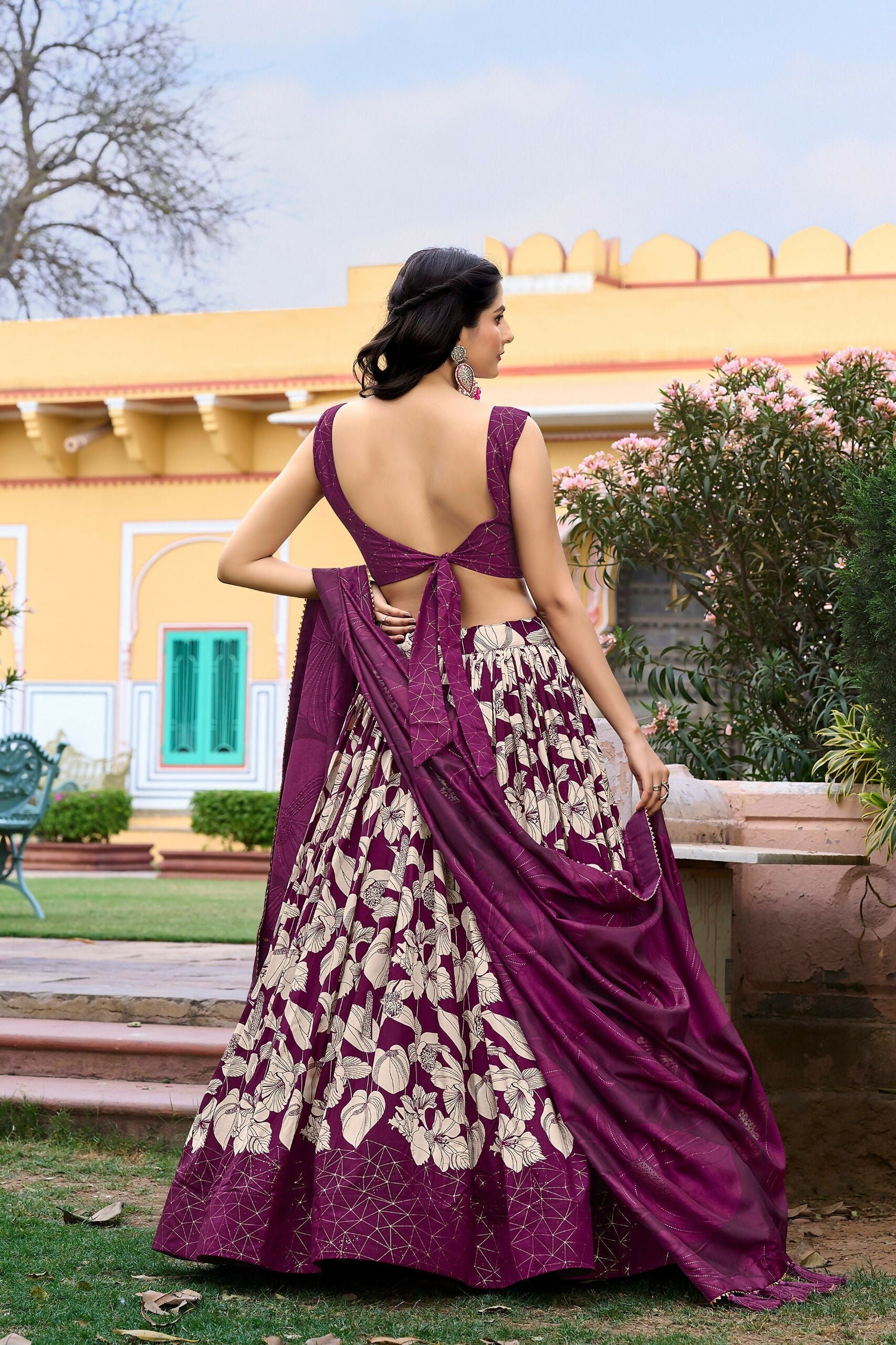 Vastranavya Ethnic Look Tussar Silk Floral Printed With Foil Work Indian Lehenga Choli - Wine | Grocsy