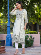 Juniper Women's Green Rayon Staple Kalamkari Floral Placement Printed Kurta | Grocsy