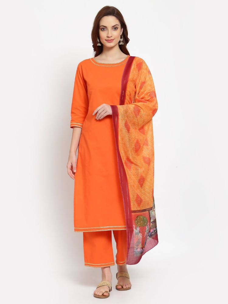 Myshka Women's Orange Solid Cotton 3/4 Sleeve Round Neck Casual Kurta Pant Dupatta Set | Grocsy