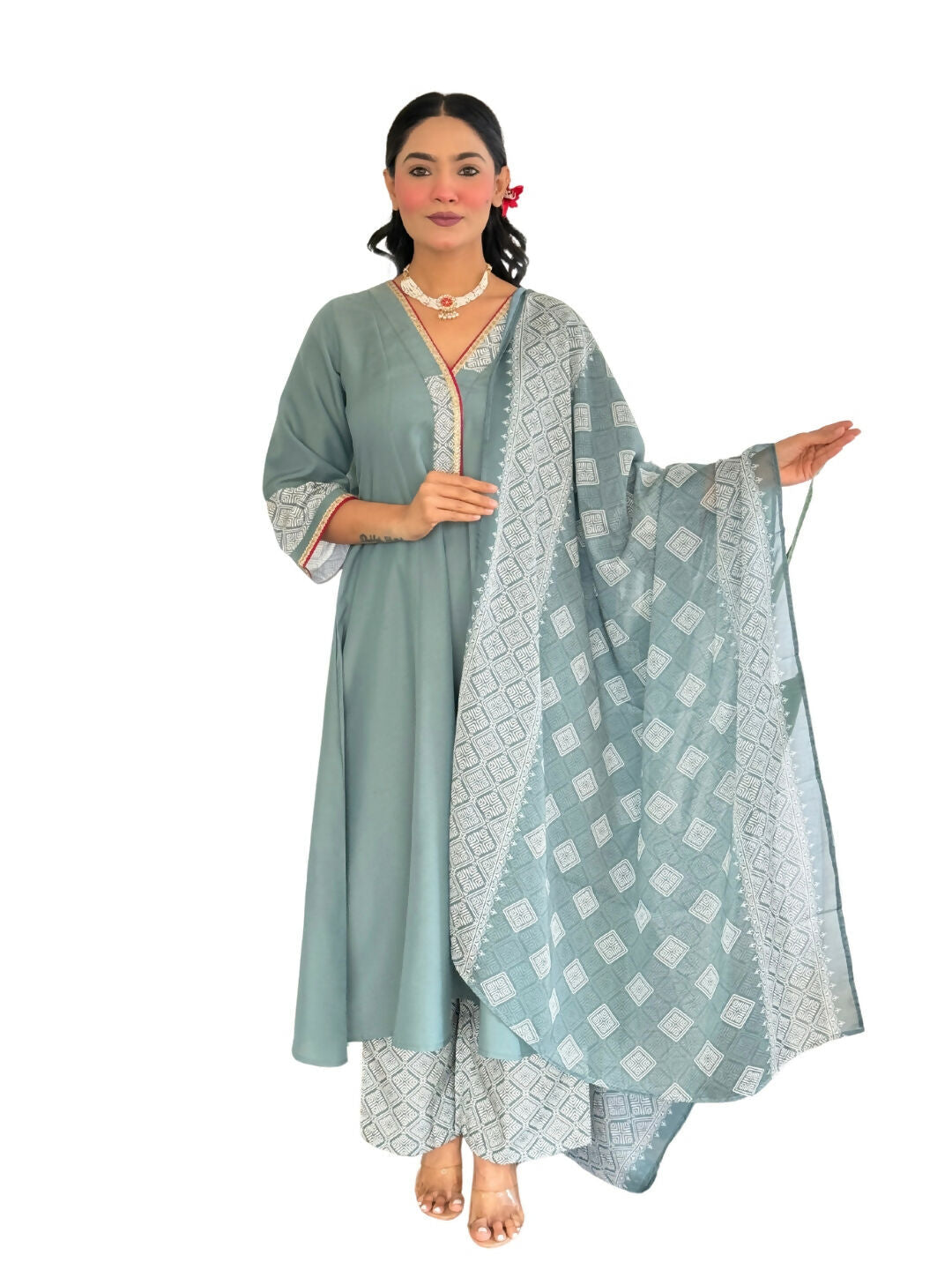 The52 Women's Beautiful Rayon Fabric Embroidery Work A-Line Kurta Pant and Dupatta Set | Grocsy