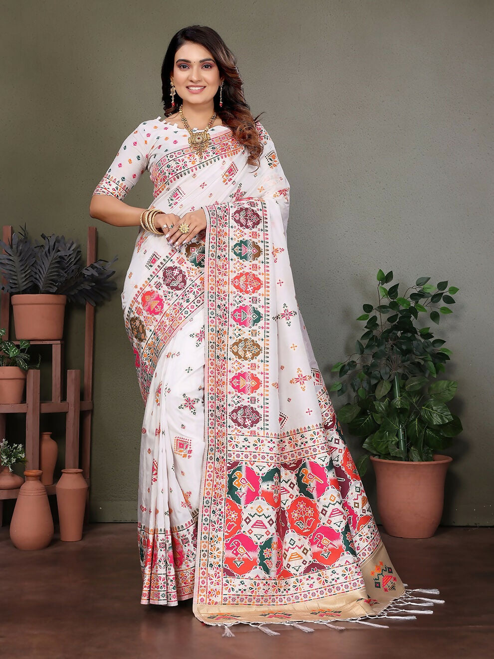 Joban Fashion White Thread Woven Pashmina Sarees | Grocsy