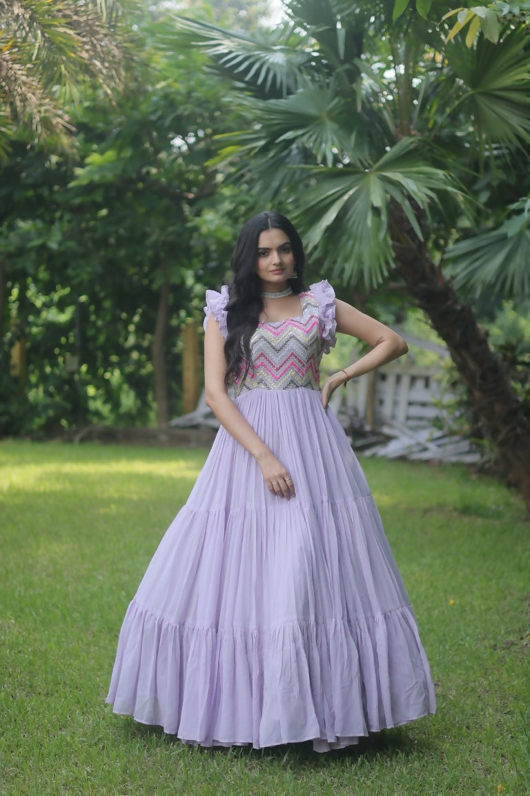 Jyoti Fashion Women's Purple Sequins Thread Embroidery Faux Georgette Anarkali Dress | Grocsy