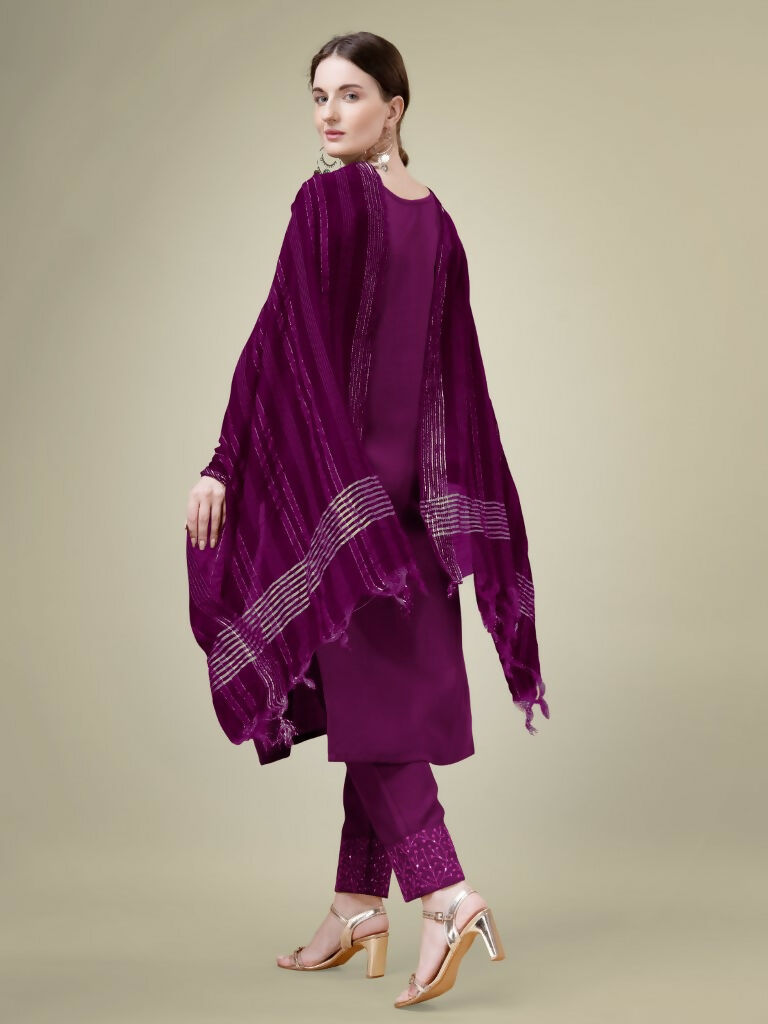 Jyoti Fashion Women's Purple Cotton Blend Embroidery & Sequence work Kurta with Trouser & Dupatta | Grocsy