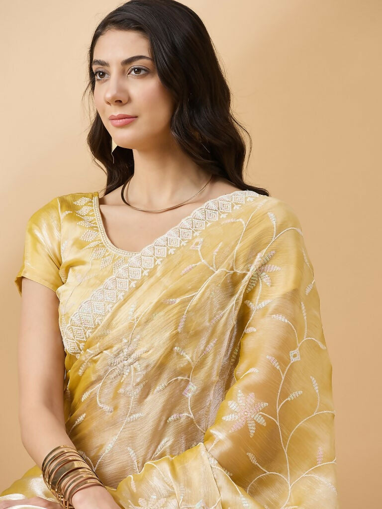 Pink Tissue Slub Embroidered Saree with Unstitched Blouse - Vairagi | Grocsy