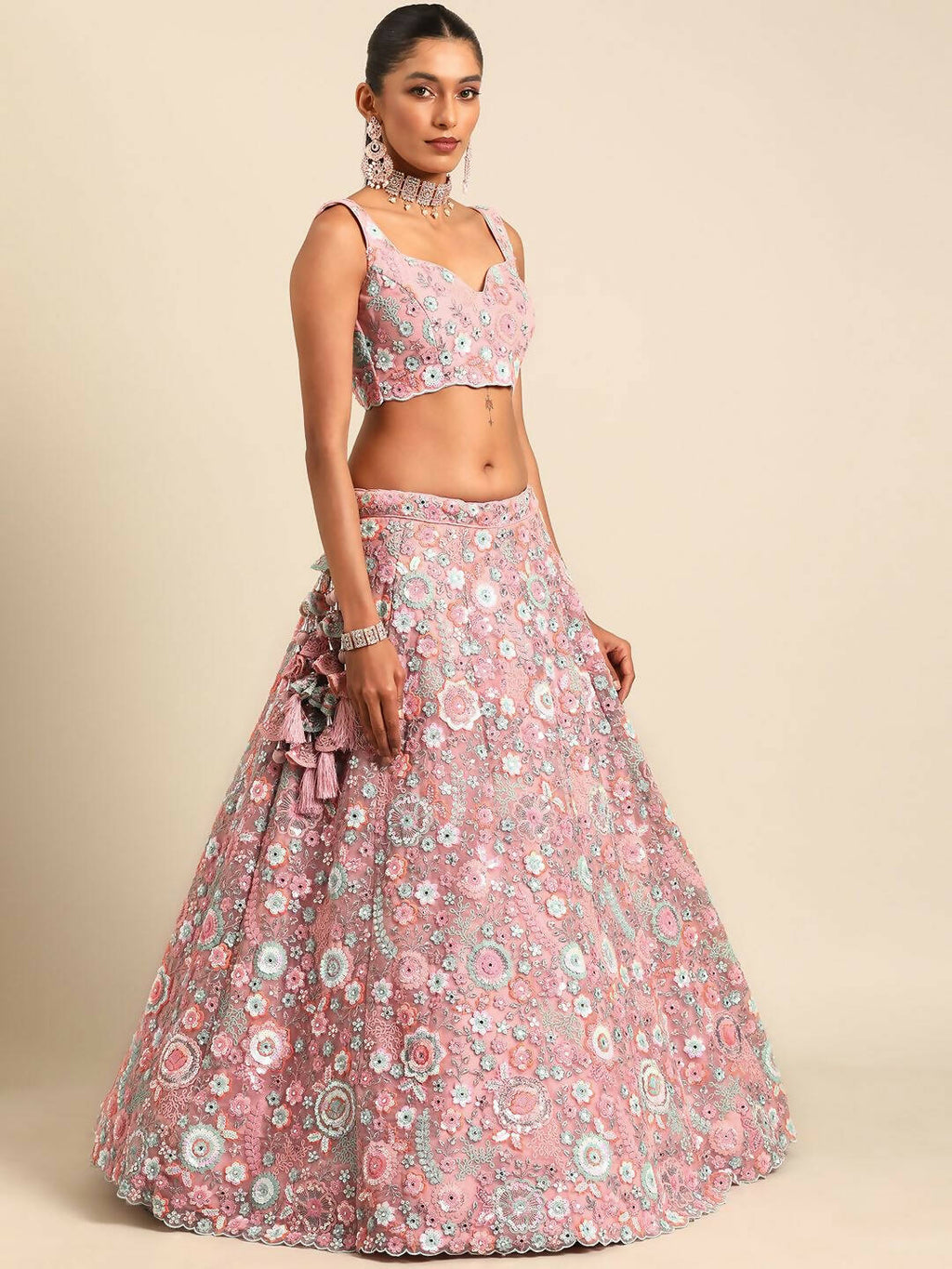 House of Panchhi Pink Net Sequins, Mirror and thread embroidery Lehenga choli & Dupatta | Grocsy