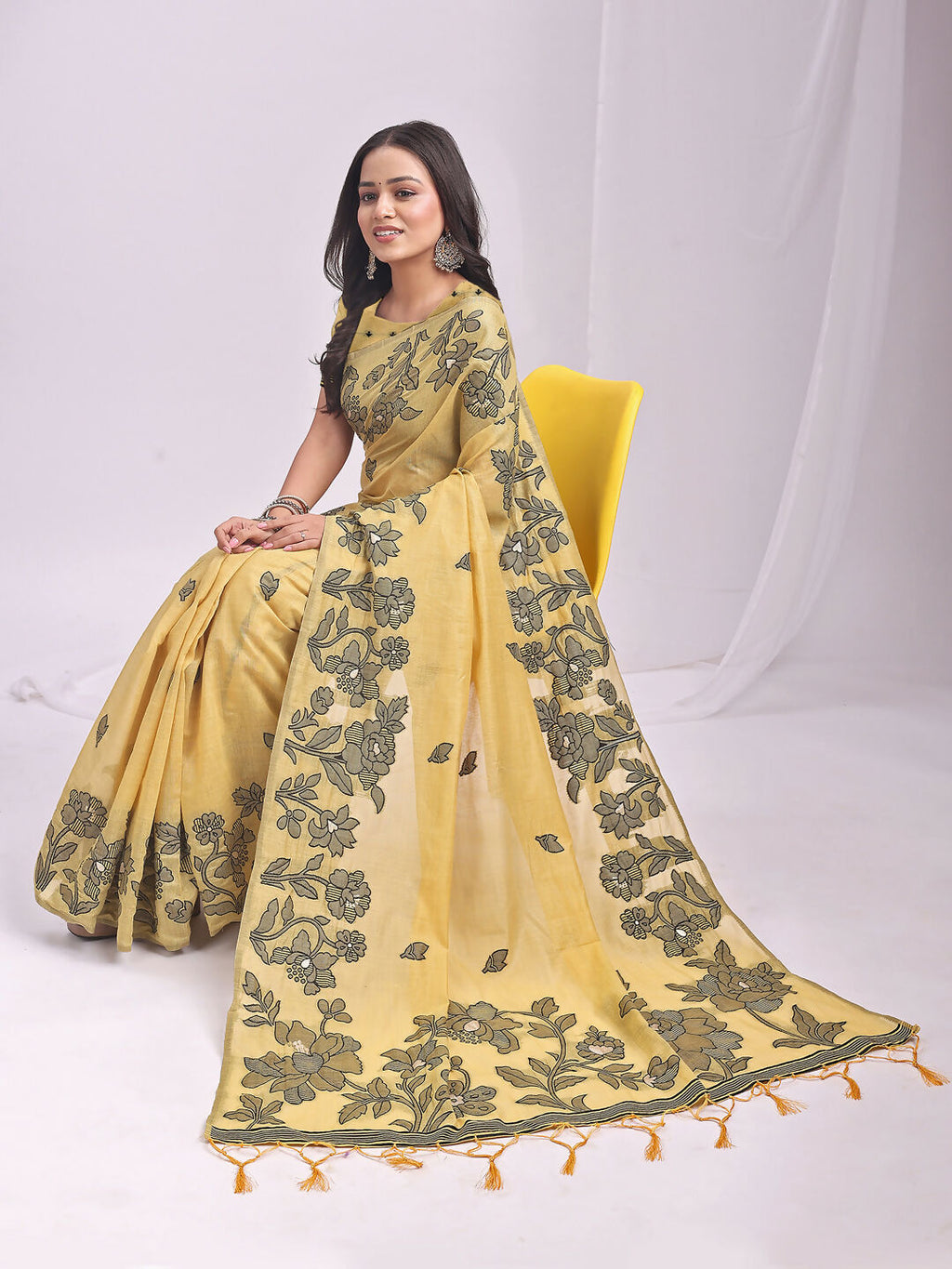 Shree Shyam Fashion Kashira Yellow Linen Cotton Saree | Grocsy