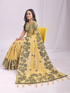 Shree Shyam Fashion Kashira Yellow Linen Cotton Saree | Grocsy