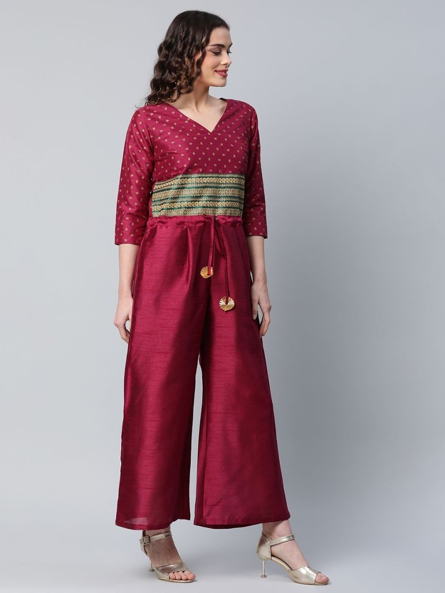 Ahalyaa Womens Burgundy crepe Printed Jumpsuit | Grocsy